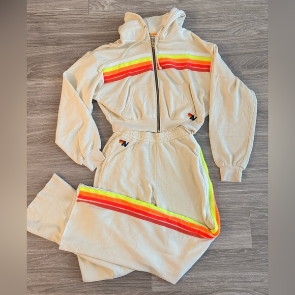 SOLD Aviator Nation: 5 STRIPE HOODIE & WIDE LEG SWEATPANTS -VINTAGE WHITE NEON - Picture 2 of 10